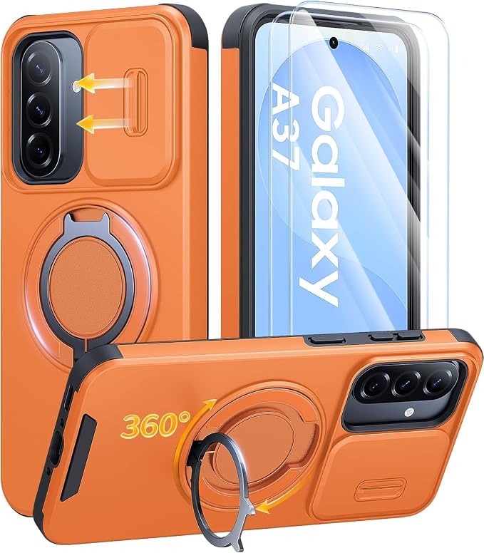 JAME for Samsung Galaxy A37/A36/A56 5G Case, Ring Holder Stand Kickstand, Slide Camera Cover, 2 Screen Protectors, Dual-Layer Shockproof Protective, Magnetic Accessory Friendly Phone Case, Orange