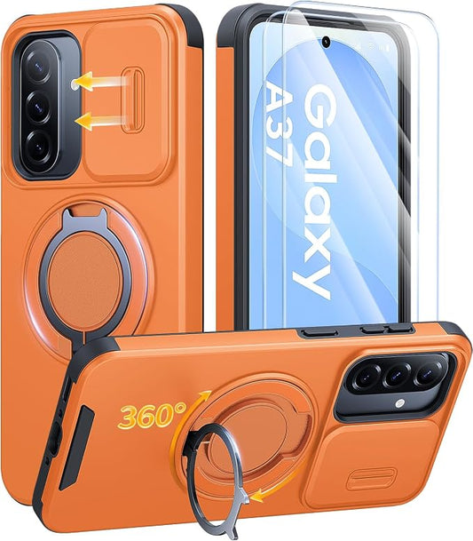 JAME for Samsung Galaxy A37/A36/A56 5G Case, Ring Holder Stand Kickstand, Slide Camera Cover, 2 Screen Protectors, Dual-Layer Shockproof Protective, Magnetic Accessory Friendly Phone Case, Orange
