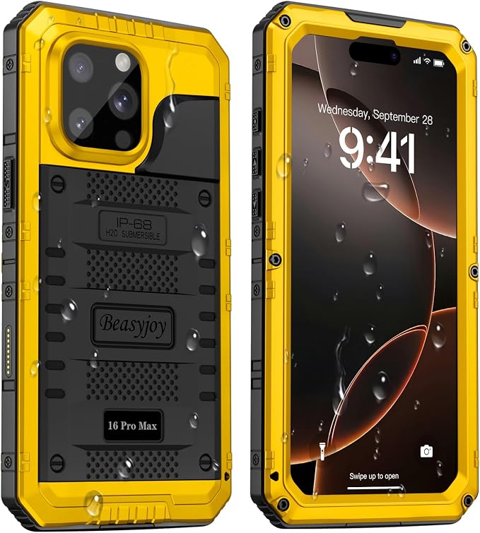 Beasyjoy for iPhone 16 Pro Max Case Waterproof, Metal Heavy Duty Full Body Protective Case with Built-in Screen Protector, Military Grade Shockproof Defender Cover for iPhone 16 Pro Max 6.9", Yellow