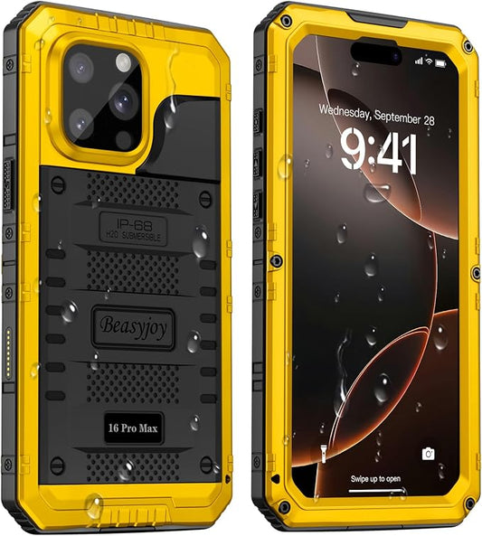 Beasyjoy for iPhone 16 Pro Max Case Waterproof, Metal Heavy Duty Full Body Protective Case with Built-in Screen Protector, Military Grade Shockproof Defender Cover for iPhone 16 Pro Max 6.9", Yellow