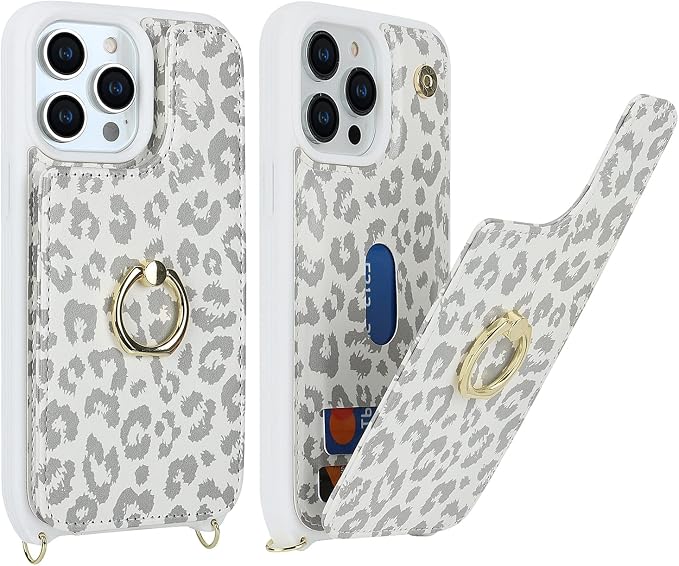 Lipvina for iPhone 14 Pro Max Case with Card Holder for Women,Phone Case with Strap,Crossbody Lanyard,RFID Blocking,Ring Stand,Snap Clasp,Cute Wallet Cases 6.7"(White Leopard)