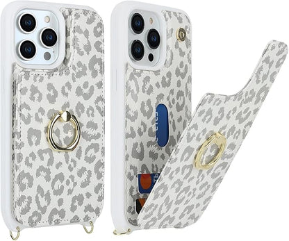 Lipvina for iPhone 14 Pro Max Case with Card Holder for Women,Phone Case with Strap,Crossbody Lanyard,RFID Blocking,Ring Stand,Snap Clasp,Cute Wallet Cases 6.7"(White Leopard)