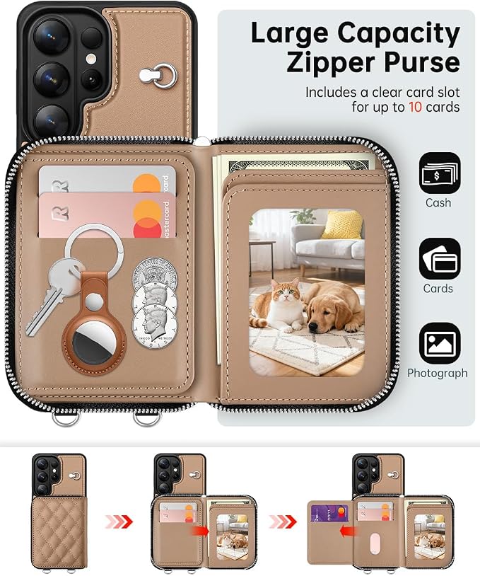 OCASE Compatible with Samsung Galaxy S26 Ultra Crossbody Wallet Case with Card Holder, PU Leather Zipper Handbag Magnetic Phone Purse with RFID Blocking Kickstand Wrist Strap Lanyard, Khaki