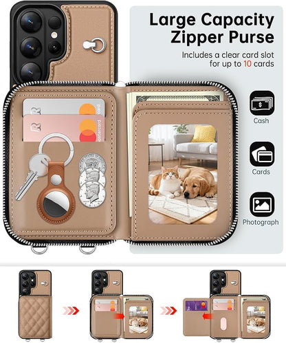 OCASE Compatible with Samsung Galaxy S26 Ultra Crossbody Wallet Case with Card Holder, PU Leather Zipper Handbag Magnetic Phone Purse with RFID Blocking Kickstand Wrist Strap Lanyard, Khaki