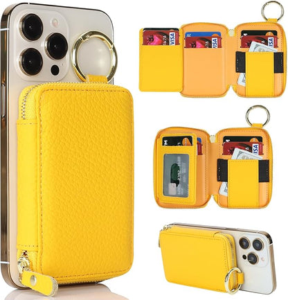 Cavor Compatible with MagSafe Wallet Genuine Leather Cash Wallets for Women, Magnetic Phone Wallet for iPhone 17 Pro Max/16/15/14/13/12, id Credit Card Holder with Mag safe Keychain-Yellow