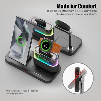 Magnetic Charger for Samsung, 5 in 1 Wireless Charging Station with Alarm Clock for Samsung Galaxy S25 Ultra/S24/S23/S22, Galaxy Watch 8/7/6/4/5, Galaxy Buds/Pro, Black