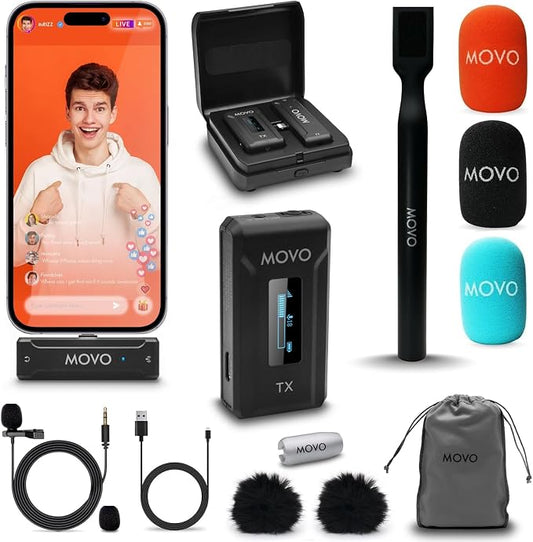 Movo WMX-2-L Wireless Lavalier Microphone for iPhone/Lightning Devices with WMX-HM Handheld Adapter - Lapel Mic with Handle Mount for Content Creators, Interviews, Reporting