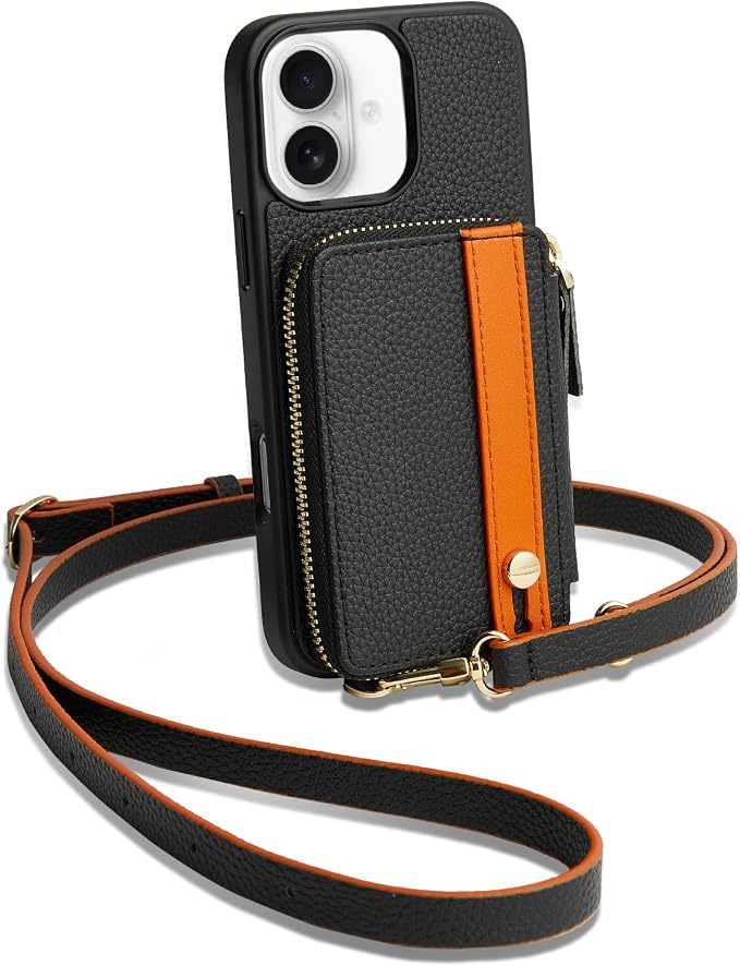 LAMEEKU Compatible with iPhone 16 Wallet Case with Card Holder, Zipper Leather Crossbody Case with Phone Grip Holder Stand Wrist Strap for Women 6.1 inch Black