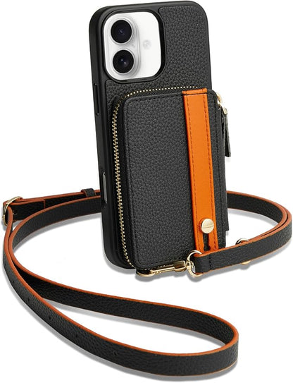LAMEEKU Compatible with iPhone 16 Wallet Case with Card Holder, Zipper Leather Crossbody Case with Phone Grip Holder Stand Wrist Strap for Women 6.1 inch Black