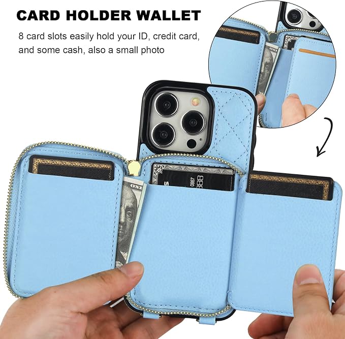 Bocasal Crossbody Wallet Case for iPhone 15 Pro, RFID Blocking PU Leather Zipper Handbag Purse Flip Cover, Kickstand Folio Case with Card Slots Holder Wrist Strap Lanyard 5G 6.1 Inch (Blue)