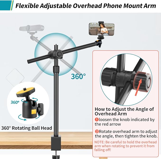 Camera Desk Mount Webcam Stand with Overhead Articulating Magic Boom Arm 1/4" Ball Head for DSLR Tripod, Adjustable Light Stand, Tabletop C Clamp for Ring Light Photo Video Shooting Live Streaming