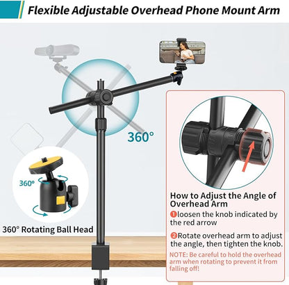 Camera Desk Mount Webcam Stand with Overhead Articulating Magic Boom Arm 1/4" Ball Head for DSLR Tripod, Adjustable Light Stand, Tabletop C Clamp for Ring Light Photo Video Shooting Live Streaming