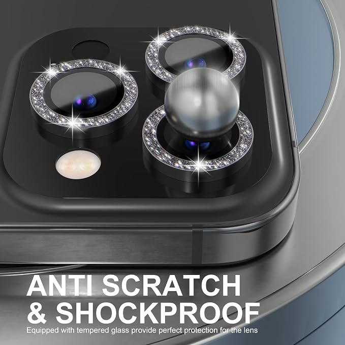 Choiche Compatible for iPhone 14 Pro/iPhone 14 Pro Max Camera Lens Protector Bling, 9H Tempered Glass Camera Cover Screen Protector Metal Ring Decoration Accessories (Glitter-Black)