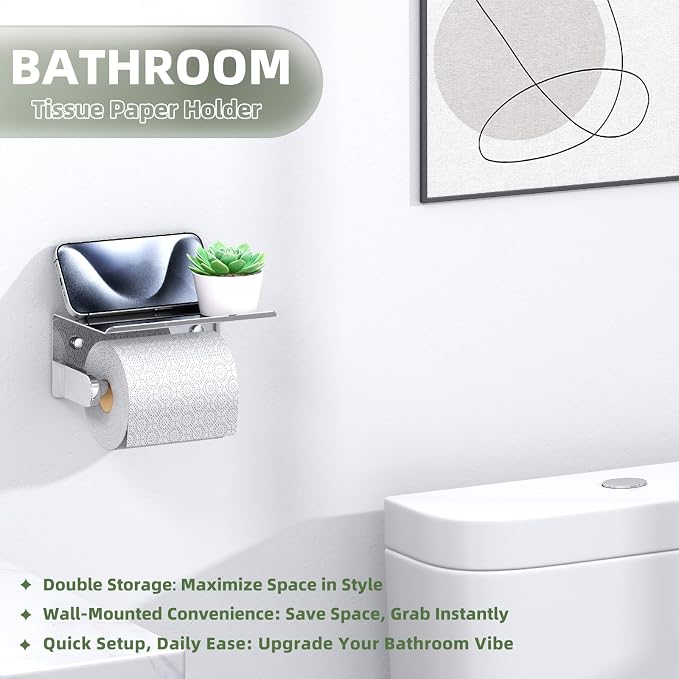 APLusee Toilet Paper Holder with Phone Shelf Polished Chrome, SUS 304 Stainless Steel Bathroom Accessories Tissue Roll Dispenser Storage Wall Mounted