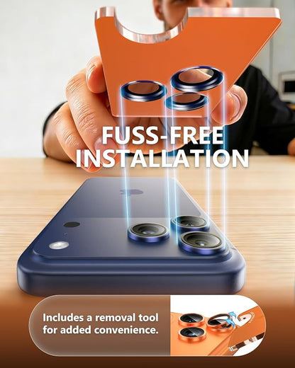 EZ-GLAZ-Camera Lens Protector for iPhone 17/16/15/14 Pro & Pro Max Series, with Aerospace-Grade Aluminum Alloy Ring, 1:1 Invisible Fit & Ultra-Clear, Military-Grade 9H+ Glass, Deep Blue