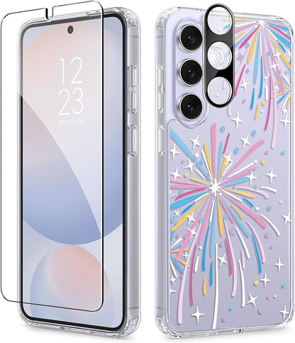 GVIEWIN for Samsung Galaxy S24 FE Case, Clear Floral Slim Shockproof Protective Women Phone Case, Non-Yellowing, with Screen Protector & Camera Lens Protector for S24 FE 6.7", Fireworks