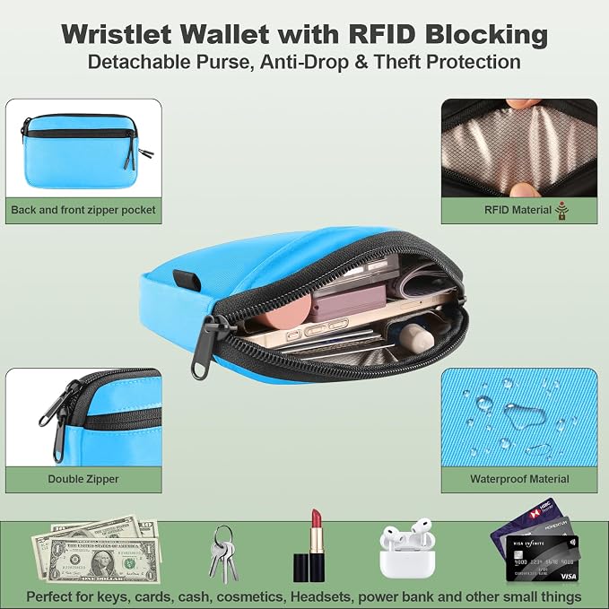 YFWE Clip and Go Strap for Phone with Wallet Crossbody, Adjustable Phone Lanyard with Detachable RFID Wristlet Wallet & Ultra-Thin 360° Rotatable Metal Tabs for All Smartphones (Blue)