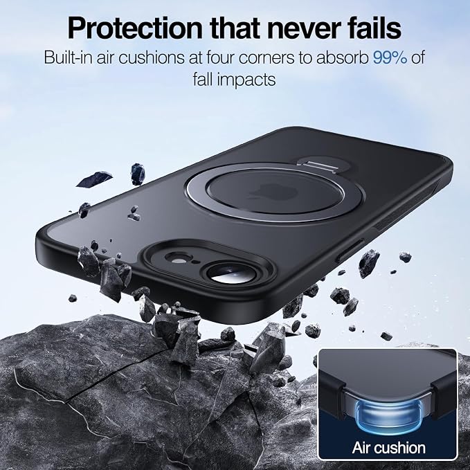 Anqrp 360° All-in-ONE Stand Case for iPhone 17e & iPhone 16e Case with Rotatable Magnetic Kickstand Ring Holder, Compatible with MagSafe, MIL-Grade Shockproof iPhone 17e/16e Phone Case Cover,Black