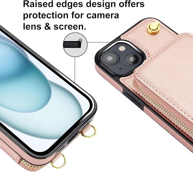 Bocasal for MagSafe Crossbody Wallet Case Compatible with iPhone 15, RFID Blocking Protective Purse Case with Card Slots Holder Kickstand Wrist Strap Lanyard Zipper 6.1 Inch 5G (Rose Gold)