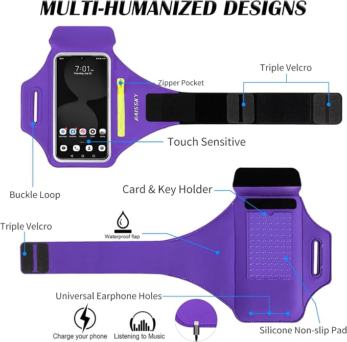 Running Armband with Earphone Bag Cell Phone Armband for iPhone 17 16 15 Pro 14 Plus 13 11 XR, Galaxy S24/S10 Water Resistant Sports Phone Holder Case & Zipper Slot Car Key Holder for 6.7 inch Phone