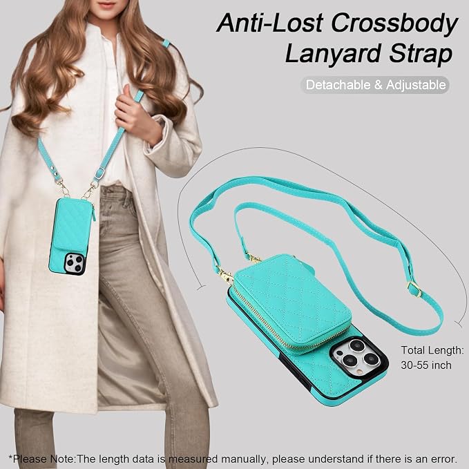 Bocasal Crossbody Wallet Case for iPhone 15 Pro Max, RFID Blocking PU Leather Zipper Handbag Purse Flip Cover, Kickstand Folio Case with Card Slots Holder Wrist Strap Lanyard 5G 6.7 Inch (Mint Green)