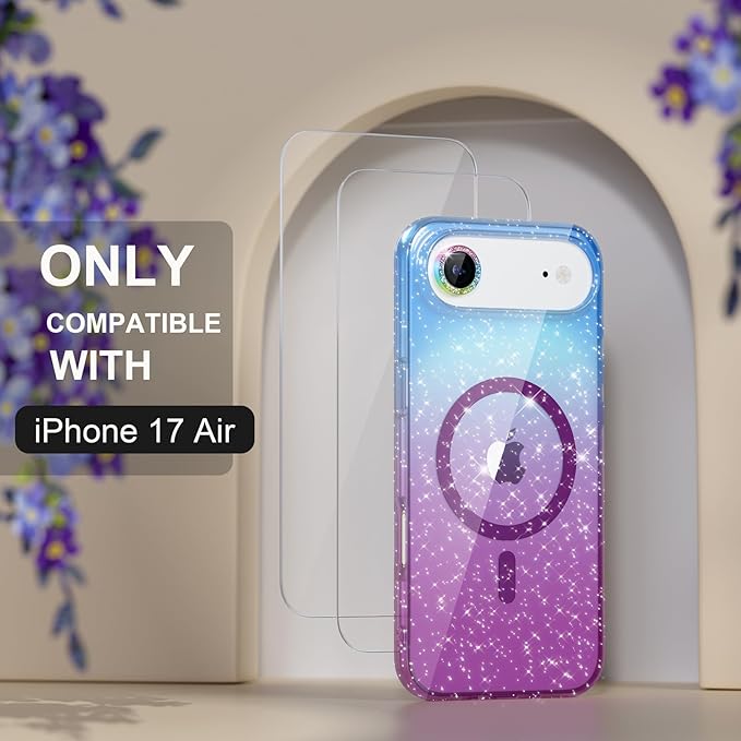 Choiche Magnetic for iPhone 17 Air Case Compatible with MagSafe, Women Cute Glitter Sparkly Phone Case with Diamond Camera Lens Protectors, Military-Grade Drop Protection 6.5" (Blue/Purple)