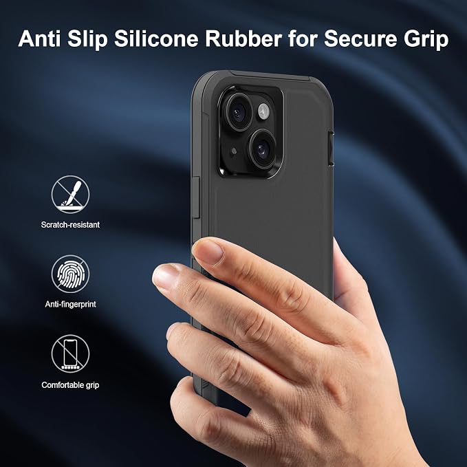 Sansunto for iPhone 16e Case, Protective Cover for 13, 14, 15, 16E 6.1", Heavy Duty Shockproof Drop Proof 3 in 1 Silicone Rubber Cover, Rugged Hybrid Durable Phone Cases for Men & Women (Black)