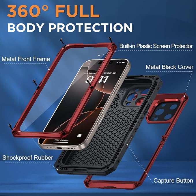 Beasyjoy for iPhone 16 Pro Max Case Waterproof, Metal Heavy Duty Full Body Protective Case with Built-in Screen Protector, Military Grade Shockproof Defender Cover for iPhone 16 Pro Max 6.9", Red