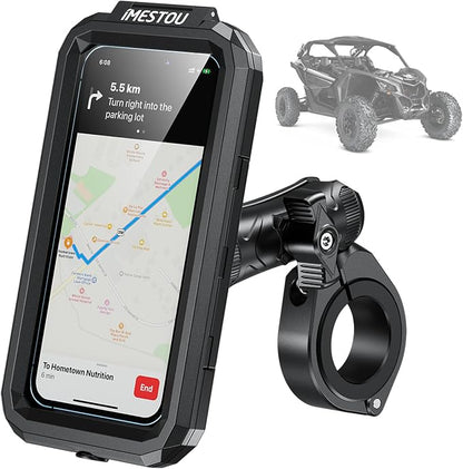 iMESTOU Waterproof ATV Phone Mount with Anti-Theft Design and 360° Rotation 1“ Ball Base Fits for ATV UTV 1.5''/1.75''/1.85''/2''/2.1'' Handlebars, Suitble for 3.5"-6.1" Smartphones (Size S)