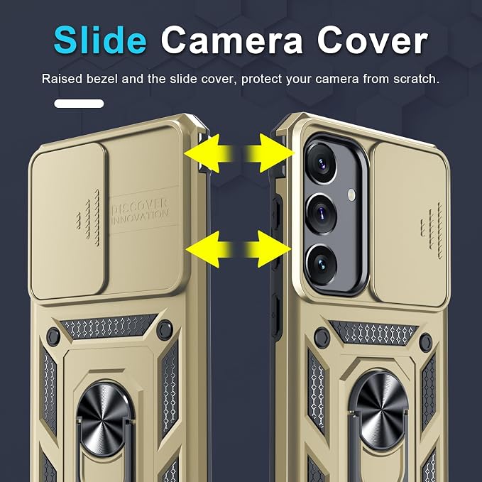 Janmitta Compatible with Samsung Galaxy S25 Plus/S24 Plus Case Built in Slide Camera Lens Cover+Screen Protector+Finger Ring Holder Kickstand,Heavy Duty Shockproof Full Body Phone Cover,Gold