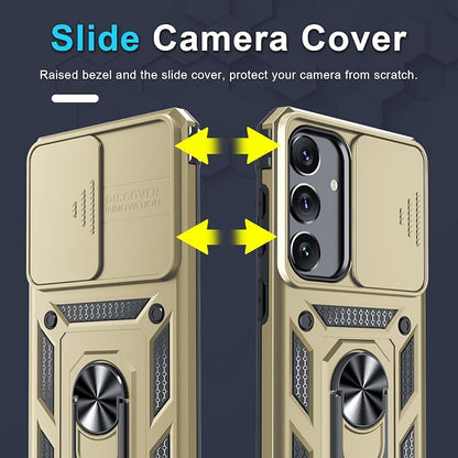 Janmitta Compatible with Samsung Galaxy S25 Plus/S24 Plus Case Built in Slide Camera Lens Cover+Screen Protector+Finger Ring Holder Kickstand,Heavy Duty Shockproof Full Body Phone Cover,Gold