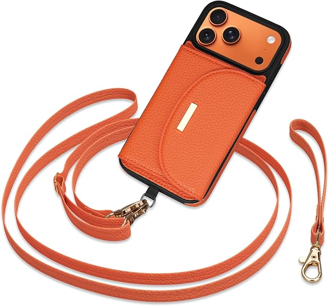 Keallce Case for iPhone 17 Pro Max 6.9" Crossbody Wallet Case, Lanyards & Wrist Straps with Phone Tabs, Flip Case with RFID Blocking 4 Card Holder Slots Kickstand, Protective Cover for Women, Orange