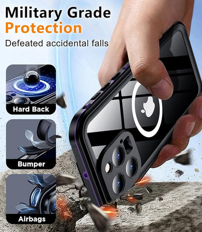 Temdan Magnetic for iPhone 15 Pro Case Waterproof,Built-in Screen Protector[IP68 Underwater][Upgrade Military Dropproof][Compatible with MagSafe] Full Body Shockproof Translucent Case 6.7''-Purple