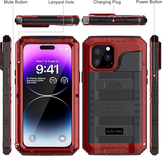 Beasyjoy for iPhone 14 Pro Max Waterproof Case, Metal Heavy Duty Case with Built-in Screen Protector, Full Body Protective Military Grade Shockproof Dustproof Defender Rugged Case 6.7 Inch, Red