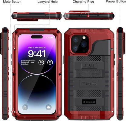 Beasyjoy for iPhone 14 Pro Max Waterproof Case, Metal Heavy Duty Case with Built-in Screen Protector, Full Body Protective Military Grade Shockproof Dustproof Defender Rugged Case 6.7 Inch, Red