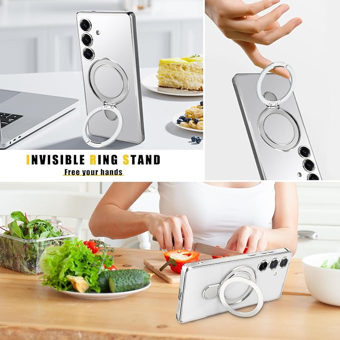 Magnetic Case for Samsung Galaxy S25 Case Stand & Ring Holder Compatible with MagSafe Built-in Camera Lens Protector Shockproof Phone Case for Samsung S25 - Silver
