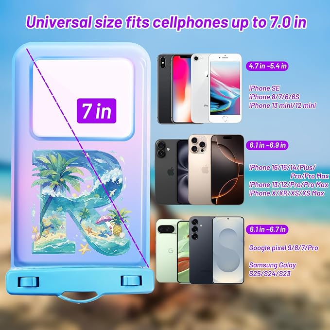 Personalized Initial Waterproof Phone Pouch Case - IPX8 Cellphone Dry Bag with Lanyard for iPhone 16/15/14/13/12 Pro Max (6.1–6.9"), Beach & Cruise Ship Essentials with Monogrammed Design (Blue, R)