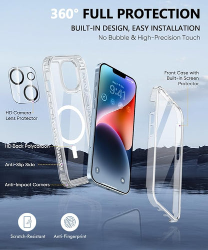 Compatible with iPhone 14 Plus Case Clear, Built-in Screen Protector, with Camera Lens Protector, [Compatible with MagSafe] Full Body Phone Case, Protective Cover for 14Plus 6.7" (Clear)