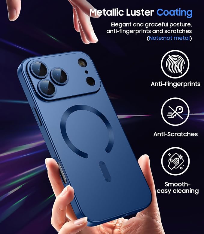 Magnetic for iPhone 17 Pro Case [Compatible with MagSafe][Built-in Camera Lens Protector] Slim Thin Soft Silicone Bumper Shockproof Metallic Luster Phone Case (Blue)