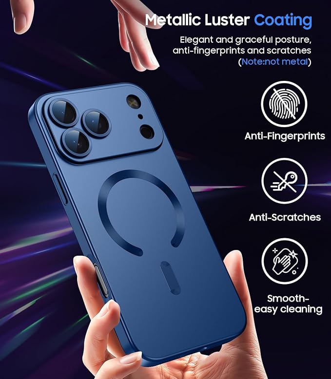 Magnetic for iPhone 17 Pro Max Case, Compatible with MagSafe, Built-in Camera Lens Protector, Slim Thin Soft Silicone Bumper Shockproof Metallic Luster Phone Case, Blue
