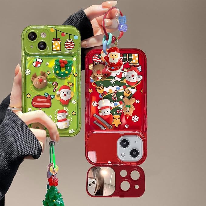 Christmas Tree Pendant Flip Mirror Case Cover for iPhone 17 16 15 14 13 Pro Max Plus, Festive Protective Phone Case with Built-in Mirror and 3D Christmas Tree Charm Celebrate (Red,13 pro)