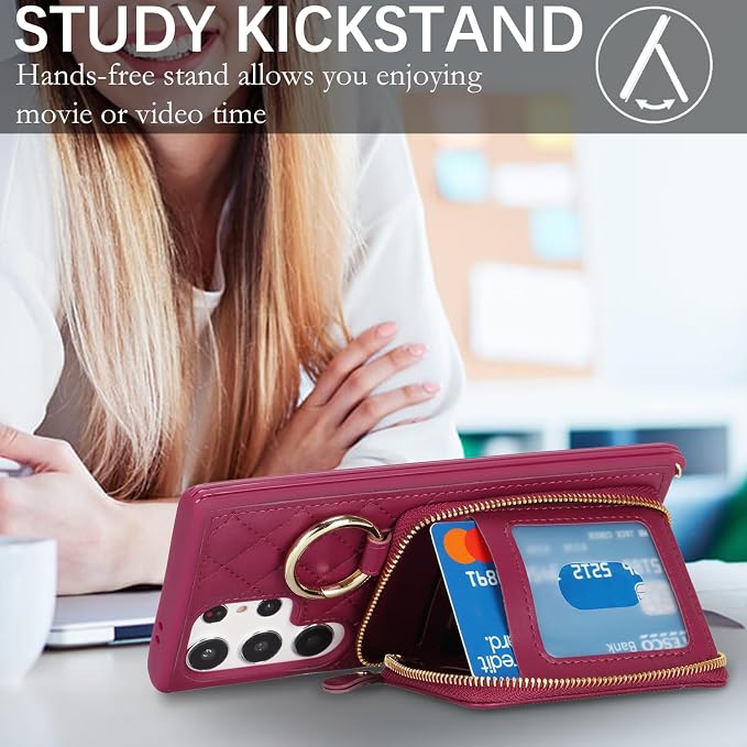 Crossbody Wallet Case for Galaxy S24 Ultra, PU Leather Zipper Handbag Purse Flip Cover, Kickstand Folio Case with Card Slots Holder Wrist Strap Lanyard -Dark red