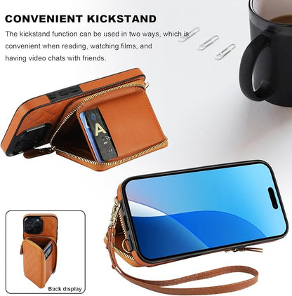 Bocasal Crossbody Wallet Case for iPhone 16 Pro Max, RFID Blocking PU Leather Zipper Handbag Purse Flip Cover, Kickstand Folio Case with Card Slots Holder Wrist Strap Lanyard 5G 6.9 Inch (Brown)