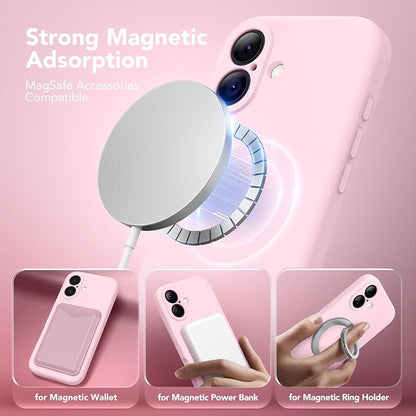 Magnetic for iPhone 17 Case, Compatible with MagSafe, [Full Camera Protection][Screen Protector] Silicone Shockproof Protective Phone Case for iPhone 17 6.3", Chalk Pink
