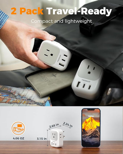 TESSAN Type D Travel Adapter 2 Pack US to India Plug Adapter | 4 Outlets 3 USB (2 USB-C), For India Nepal Maldives Pakistan Bangladesh Sri Lanka Bhutan Yemen