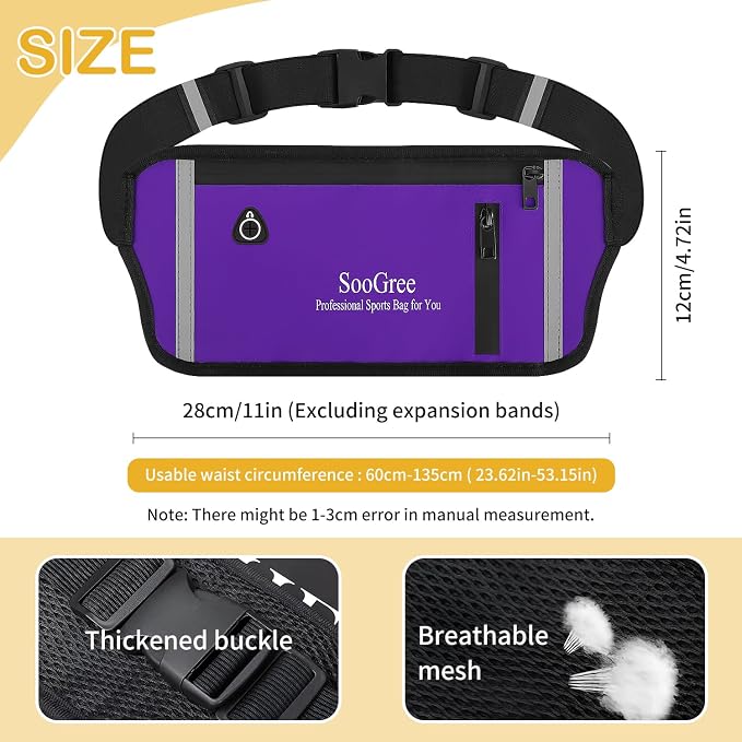 SooGree Men Women Running Belt Fanny Pack, Resistant Waist Pack Money Belt Bag for Hiking Cycling Workout, Gym Phone Holder with Adjustable Strap (GSP1187-Purple)