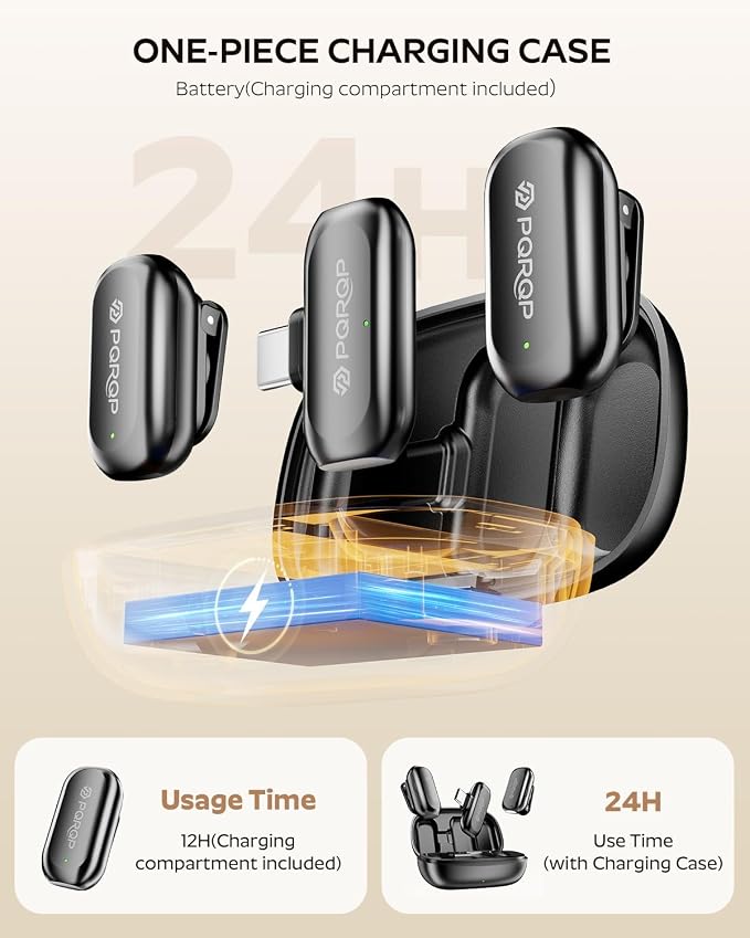PQRQP Wireless Lavalier Microphone for iPhone/iPad/Android, 164ft Transmission, Mini Microphone with AI Noise Cancellation & Hi-Fi Sound, 24H Charging Case, Mic Ideal for YouTube, Video Recording