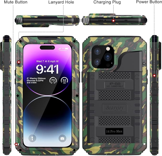 Beasyjoy for iPhone 14 Pro Max Waterproof Case, Metal Heavy Duty Case with Built-in Screen Protector, Full Body Protective Military Grade Shockproof Dustproof Defender Rugged Case 6.7 Inch, Camo