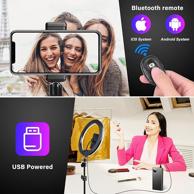 10.3" Ring Light with Tripod and Phone iPad Holder,Selfie Ring Light with 51 Color Mode,Circle Lighting for iPhone,Dimmable LED Phone Ringlight with Stand for Makeup/Video Recording/Photography/TikTok