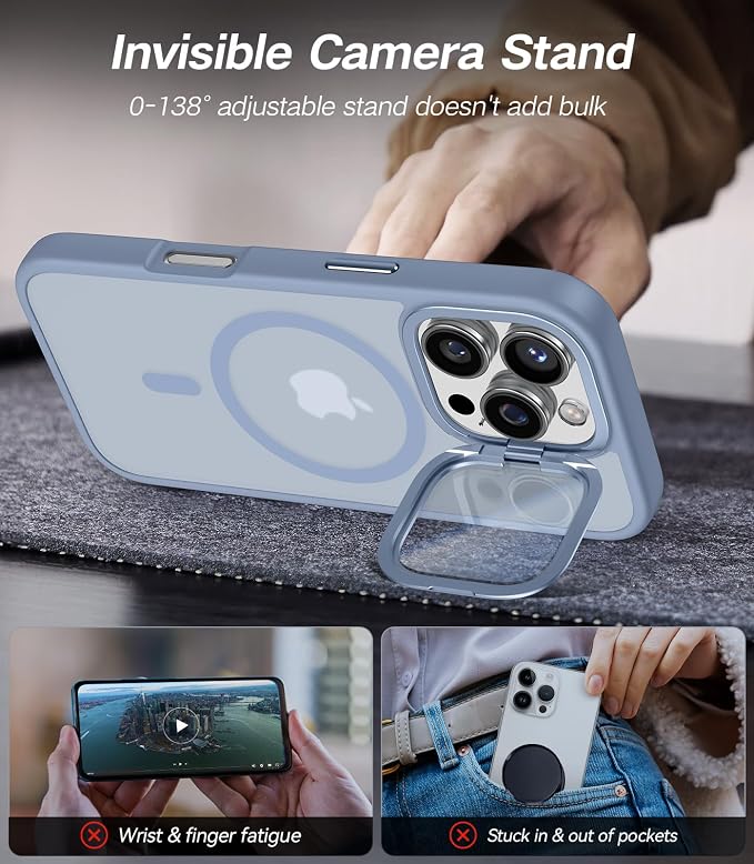 [Upgraded] for iPhone 16 Pro Case with Camera Cover Stand [Fit for MagSafe][9H Camera Lens Protector] Mil-Grade Protection Translucent Matte Magnetic iPhone 16 Pro Phone Case, Light Blue